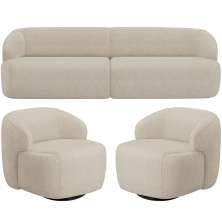 Sofá 4 Lugares Curvo Orgânico com 02 Poltronas Para Sala Living 280cm Barolo L06 Linho Bege Escuro - Lyam Decor