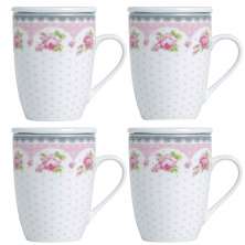 4 Canecas de Porcelana para Chá 310ml com Tampa e Filtro Ino