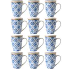 Jogo 12 Xícaras Canecas de Porcelana para Chá 310ml com Tampas e Filtros Inox Lisboa Lyor Azul