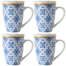 Jogo 4 Xícaras de Chá Porcelana Branca com Tampa e Infusor Inox 310ml Lisboa Lyor Azul