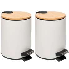 Kit 2 Lixeiras 5L Metal Redonda com Pedal Branca Tampa Bambu Balde Interno Banheiro Genebra