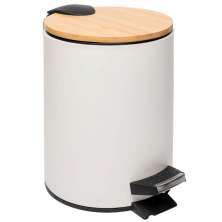 Lixeira 5L Metal Redonda com Pedal Branca Tampa Bambu Balde Interno Banheiro Genebra