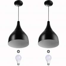 2 Lustres Pendente Gota Media Alumínio 30cm Preto + Lampada