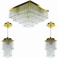 Kit 1 Lustre Cristal Acr Dream + 2 Pendentes Spark Dourado