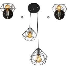 Kit 1 Pendente Duplo + 2 Arandelas Diamante Aramado Preto