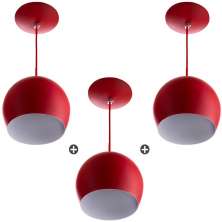 Kit 3 Lustres Pendente Bola Média Alumínio 23cm Vermelho