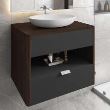 Gabinete Armario Banheiro Santorini com 1 Gaveta e Cuba Luna Nogal/Preto Fosco