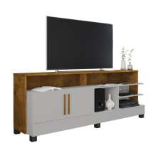 Rack Taípe TV 65 Polegadas com 2 Portas Pés Madeira Maciça Off White/Naturale