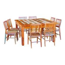 Conjunto Mesa de Jantar 1,5 x 1,5 M 8 Cadeiras Madri Madeira de Demolição com Pátina