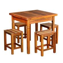 Conjunto Mesa de Jantar Rústica 1m 4 Banquetas Ripada Madeira Maciça Natural