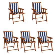 Kit 5 Cadeira Praia Dobrável Madeira Envernizada-L Azul/Branco