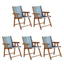 Kit 5 Cadeira Praia Dobrável Madeira Envernizada-Listras Azuis