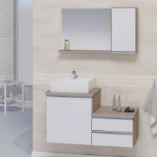 Conjunto Gabinete Banheiro CROSS 80 Madeirado/Branco