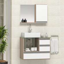 Conjunto Gabinete Banheiro POLO 60 Madeirado / Branco