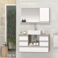 Conjunto Gabinete Banheiro POLO 80 Madeirado / Branco