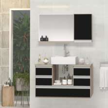 Conjunto Gabinete Banheiro POLO 80 Madeirado / Preto