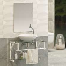 Conjunto Gabinete Banheiro Vidro Glass 80cm Branco + Cuba Branca