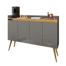 Aparador Buffet Retro Cinza Mel Com 4 Portas Com Pés 1,60x0,81 para Sala De Estar Jantar Luxo Gd