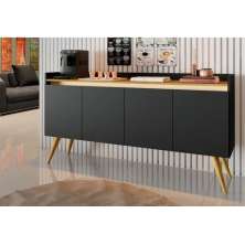 Aparador Buffet Retro Preto Com 4 Portas Com Pés 1,60x0,81 para Sala De Estar Jantar Luxo Gd