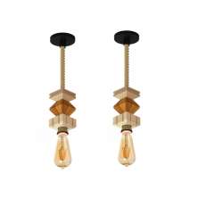 2 Pendentes Verticais de Madeira Corda Jaspe com Lâmpada 4W Âmbar
