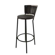 Banqueta Alta Preta com Encosto Junco, Aço Carbono, Assento Estofado D28-ideal para Cozinha e Balcão