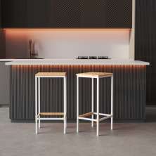 Banqueta em Aço Alta Industrial com Assento de Madeira Maciça 75cm Branco