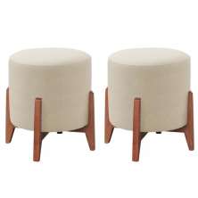 Kit 2 Puff Decorativo para Sala Thor Linho Bege Madeira Estofados