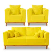 Kit Sofá 3 Lugares e Poltronas Sala de Estar Beny Suede Amarelo Madeira Estofados
