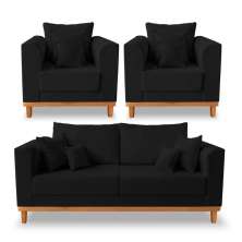Kit Sofá 3 Lugares e Poltronas Sala de Estar Beny Suede Preto Madeira Estofados