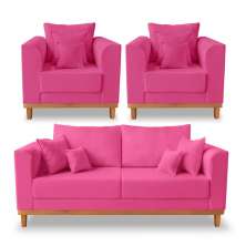 Kit Sofá 3 Lugares e Poltronas Sala de Estar Beny Suede Rosa Madeira Estofados
