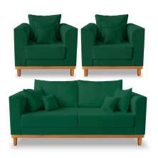 Kit Sofá 3 Lugares e Poltronas Sala de Estar Beny Suede Verde Madeira Estofados