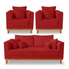 Kit Sofá 3 Lugares e Poltronas Sala de Estar Beny Suede Vermelho Madeira Estofados