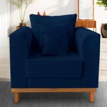 Poltrona Sala de Estar Beny Suede Azul Com Almofadas Decorativas Madeira Estofados