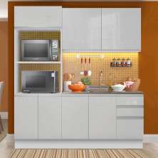 Armário de Cozinha Compacta 100% MDF Madesa Acordes XB190001 com Balcão e Torre Portas Branco Brilho