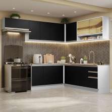 Armário de Cozinha Completa de Canto 469cm Branco/Preto Glamy Madesa 01