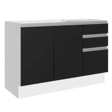 Balcão Gabinete de Pia Armário de Cozinha 100% MDF 120 cm 3 Portas 2 Gavetas Branco/Preto Acordes Madesa