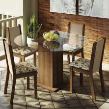Conjunto Sala Jantar Madesa Madu Mesa Tampo de Vidro Redondo 4 Cadeiras - Rustic/Crema/Bege Marrom