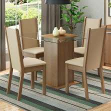Conjunto Sala de Jantar Madesa Aline Mesa Tampo de Vidro com 4 Cadeiras - Rustic/Crema/Pérola