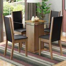 Conjunto Sala de Jantar Madesa Aline Mesa Tampo de Vidro com 4 Cadeiras - Rustic/Preto/Sintético Preto