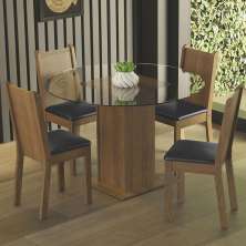 Conjunto Sala de Jantar Madesa Débora Mesa Tampo de Vidro Redondo 4 Cadeiras - Rustic/Preto