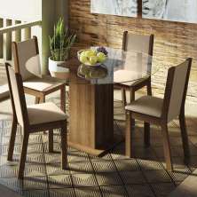 Conjunto Sala de Jantar Madesa Madu Mesa Tampo de Vidro Redondo 4 Cadeiras - Rustic/Crema/Bege
