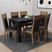 Conjunto Sala de Jantar Madesa Medelin Mesa Tampo de Madeira com 6 Cadeiras - Preto/Rustic/SintPreto