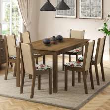 Conjunto Sala de Jantar Madesa Miriam Mesa Tampo de Madeira com 6 Cadeiras - Rustic/Crema/Hibiscos