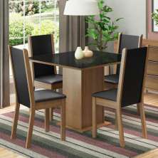 Conjunto Sala de Jantar Madesa Moscou Plus Mesa Tampo de Vidro com 4 Cadeiras - Rustic/Preto/Sintético Preto