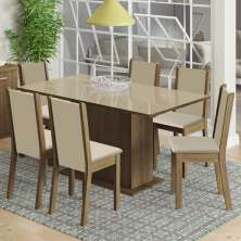 Conjunto Sala de Jantar Madesa Moscou Plus Mesa Tampo de Vidro com 6 Cadeiras - Rustic/Crema/Pérola