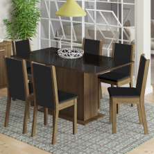 Conjunto Sala de Jantar Madesa Moscou Plus Mesa Tampo de Vidro com 6 Cadeiras - Rustic/Preto/Sintético Preto