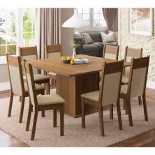Conjunto Sala de Jantar Madesa Panamá Mesa Tampo de Madeira com 8 Cadeiras - Rustic/Crema/Pérola