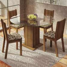 Conjunto Sala de Jantar Madesa Paula Mesa Tampo de Vidro Redondo 4 Cadeiras - Rustic/Bege Marrom