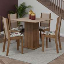 Conjunto Sala de Jantar Mesa Tampo de Madeira 4 Cadeiras Rustic/Crema/ Hibiscos Briana Madesa