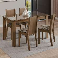 Conjunto Sala de Jantar Mesa Tampo de Vidro 4 Cadeiras Rustic/Bege Marrom Kiara Madesa
